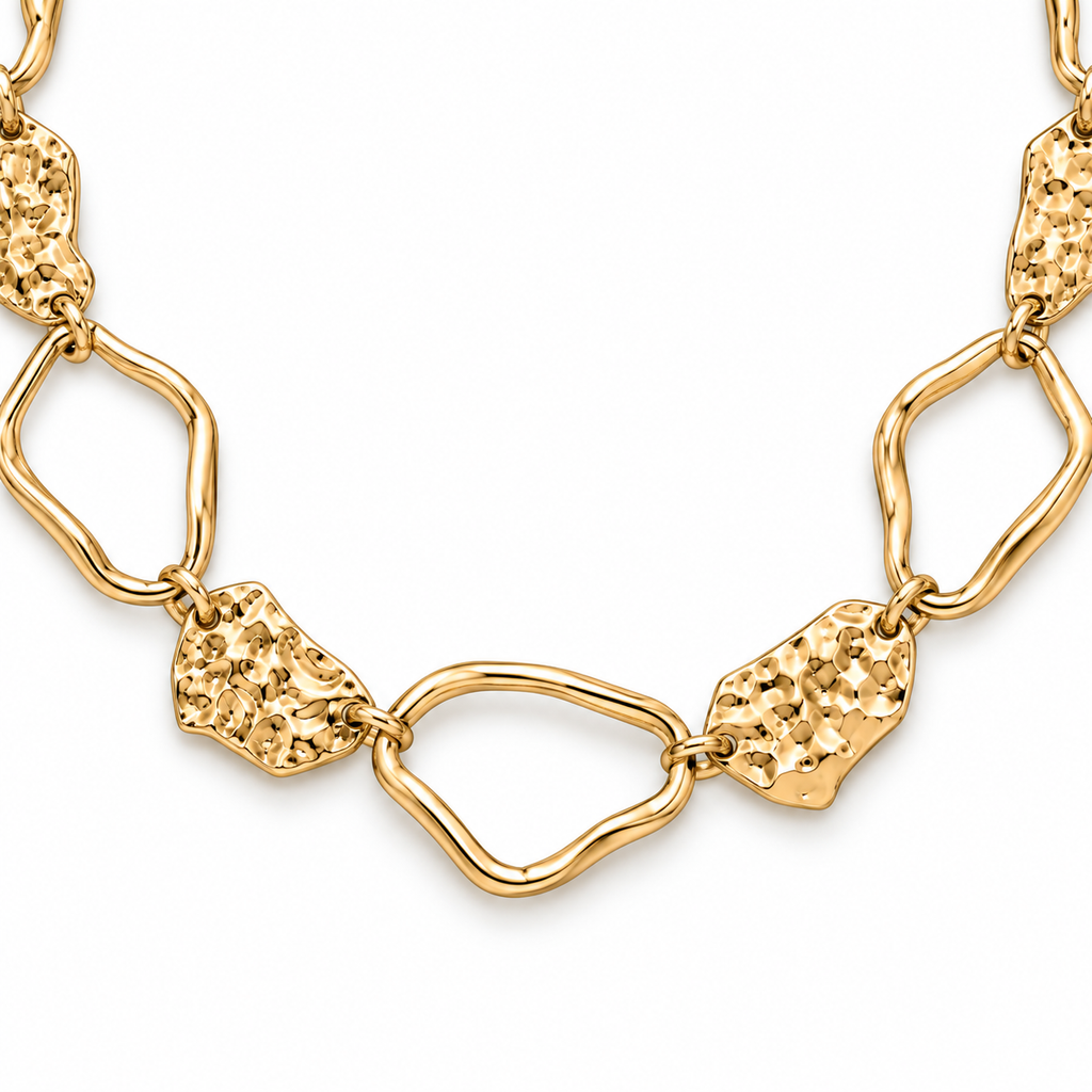 Collana lunga in acciaio inox con maglie irregolari e placche martellate