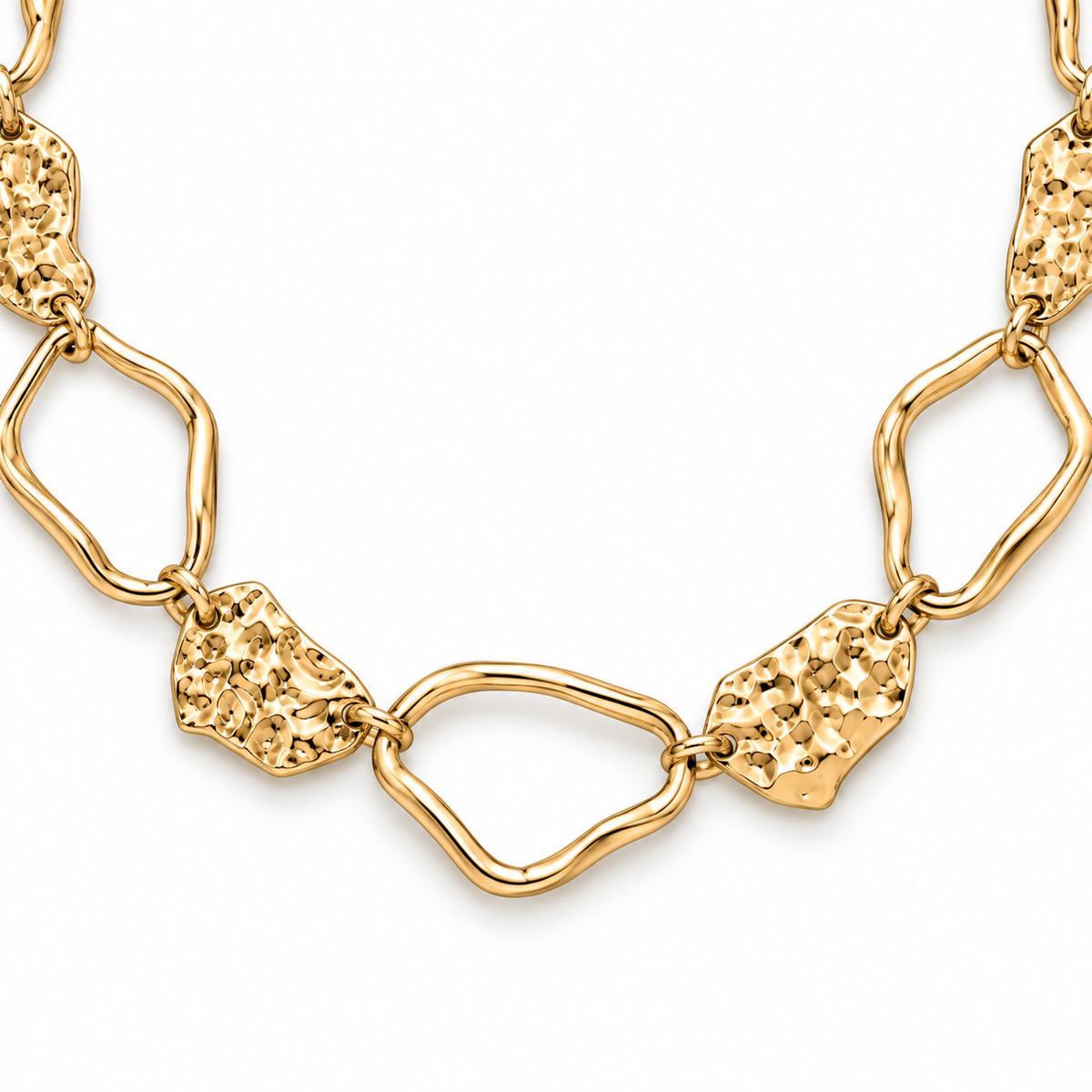 Collana lunga in acciaio inox con maglie irregolari e placche martellate
