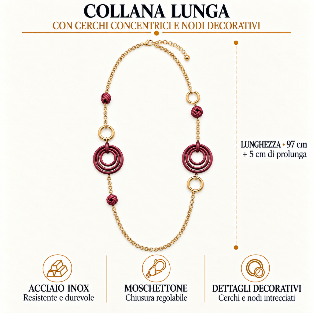 Collana lunga in acciaio inox con cerchi concentrici e nodi decorativi