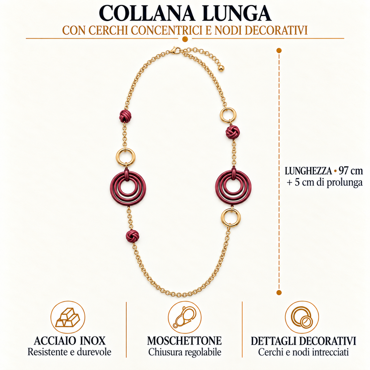 Collana lunga in acciaio inox con cerchi concentrici e nodi decorativi