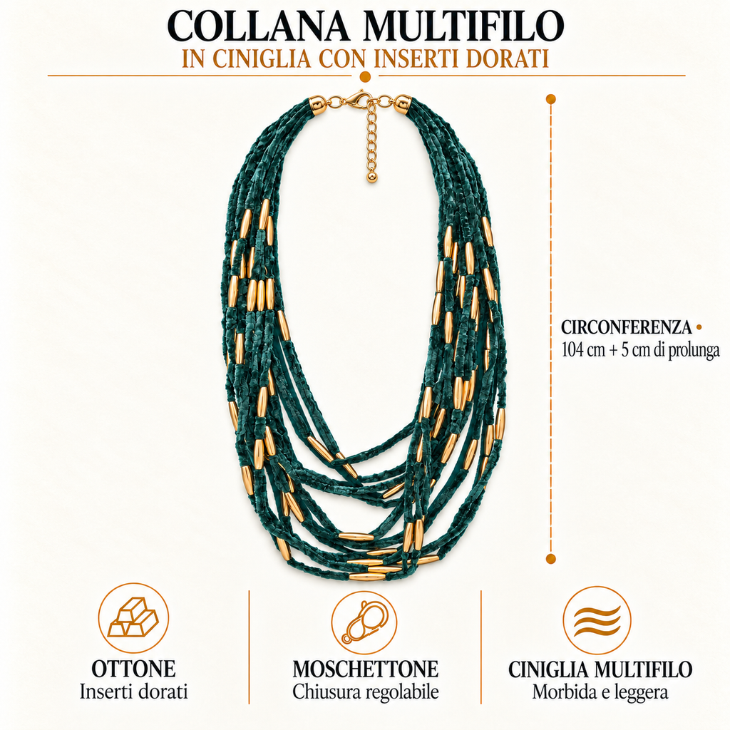 Collana multifilo in ciniglia con inserti dorati