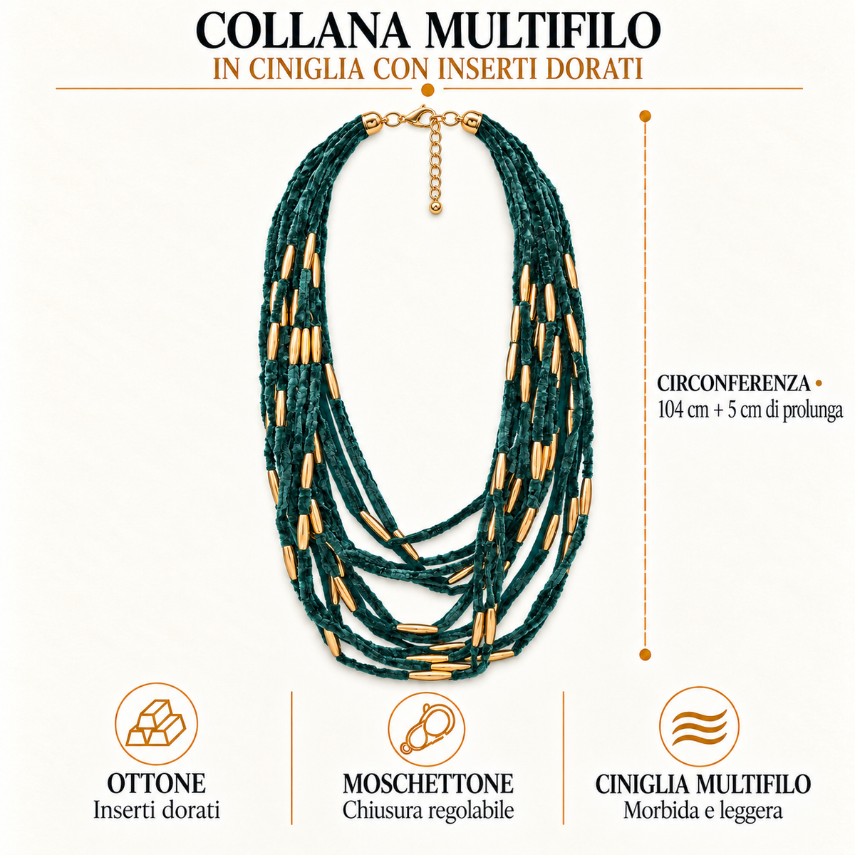 Collana multifilo in ciniglia con inserti dorati