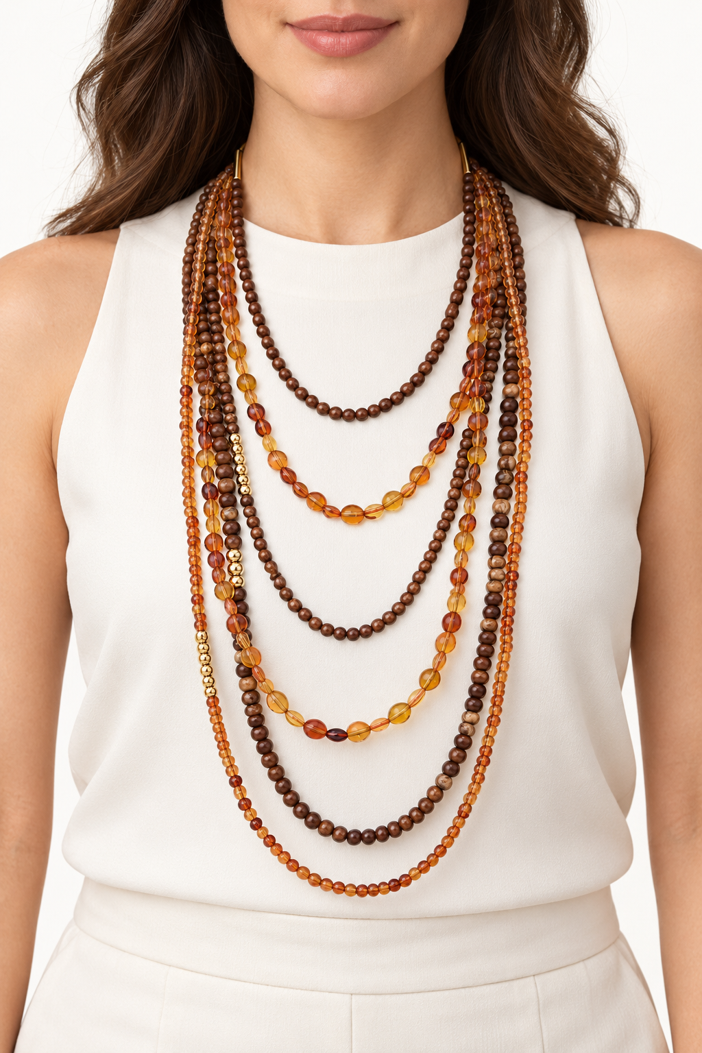 Collana lunga multifilo con perle effetto pietra