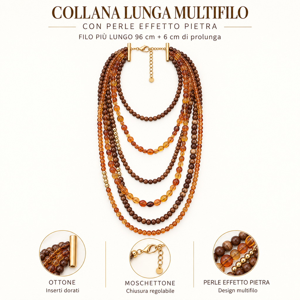 Collana lunga multifilo con perle effetto pietra