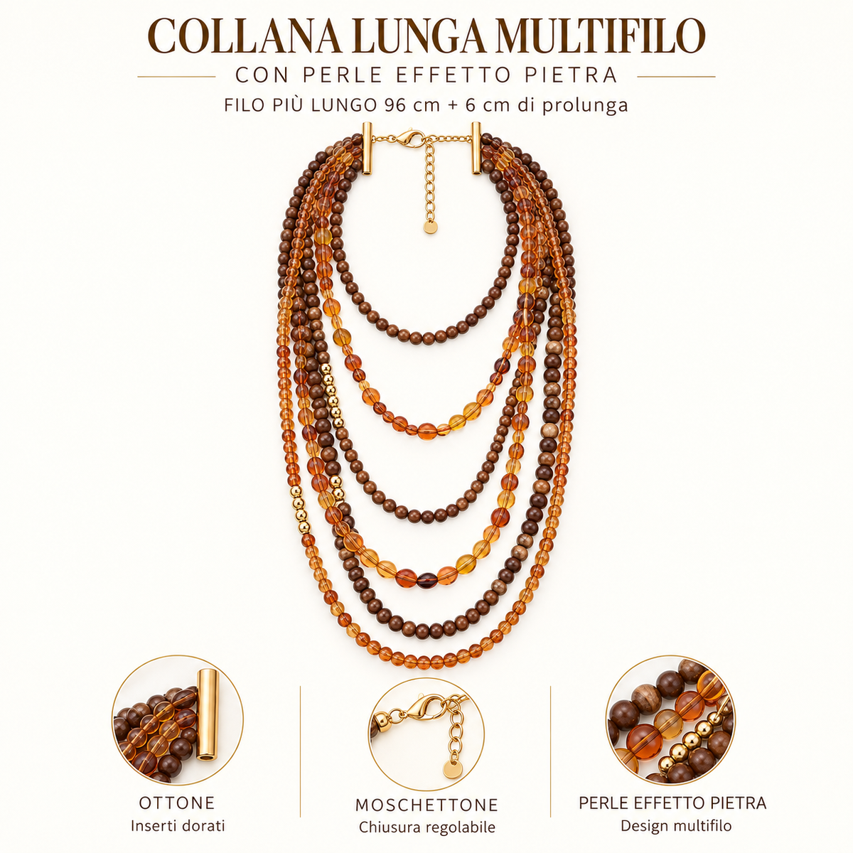 Collana lunga multifilo con perle effetto pietra
