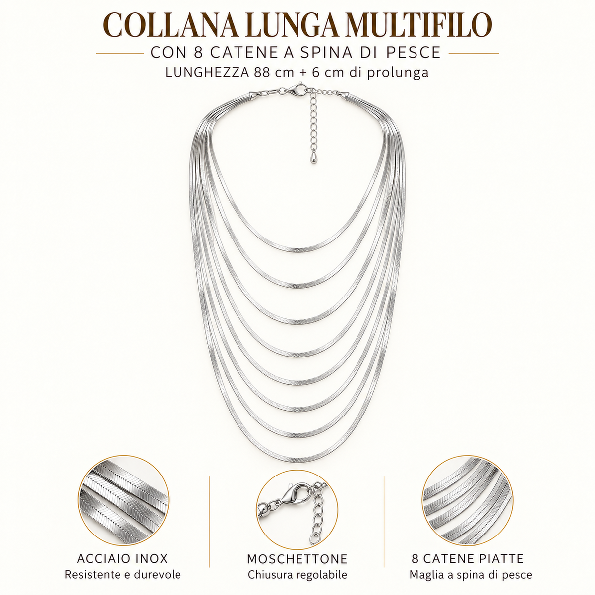 Collana lunga in acciaio inox multifilo con 8 fili a spina di pesce