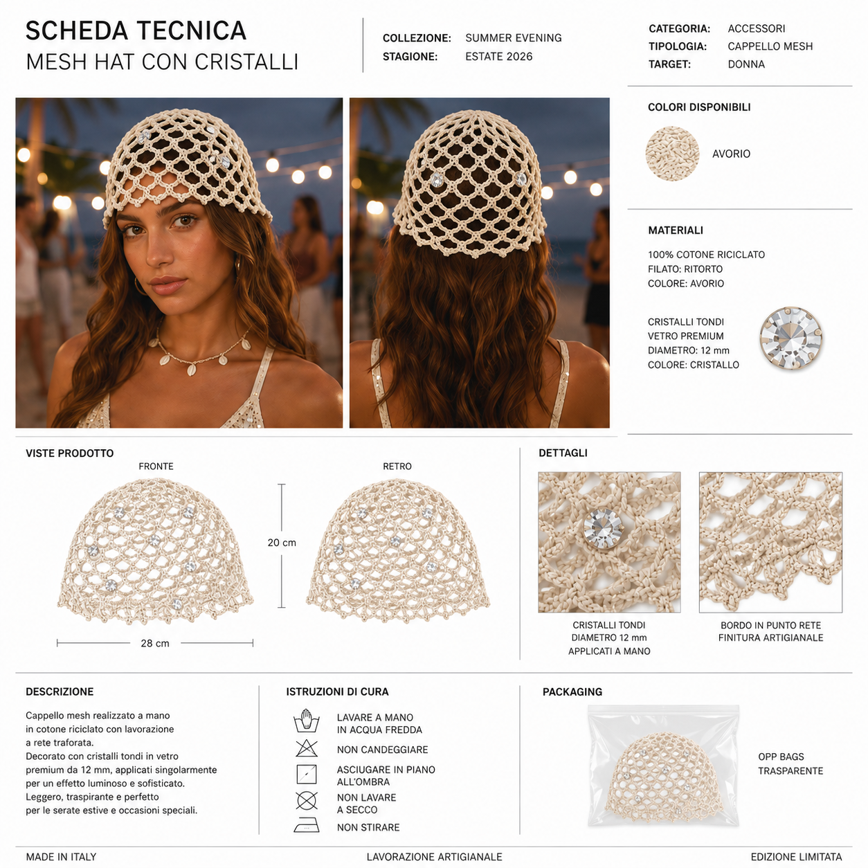 Mesh Hat Monocolore con Cristalli Tondi Cappelli estivi Made in Italy - Les Folies