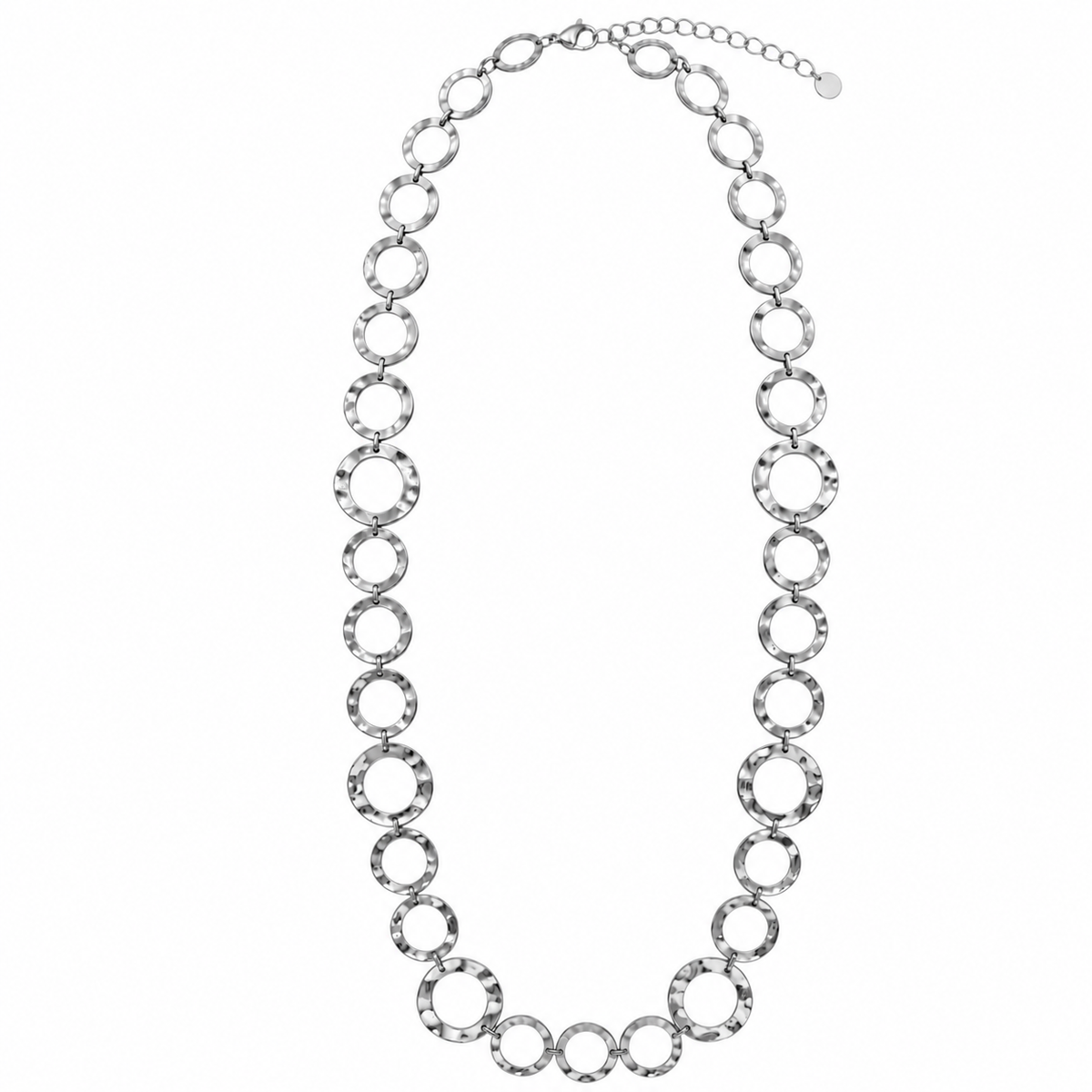 Collana lunga in acciaio inox a catena con anelli circolari martellati