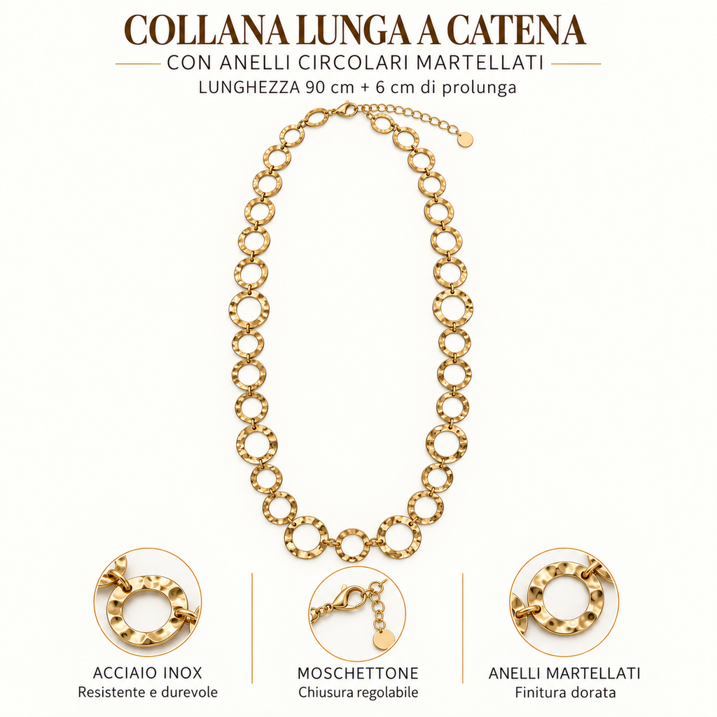 Collana lunga in acciaio inox a catena con anelli circolari martellati