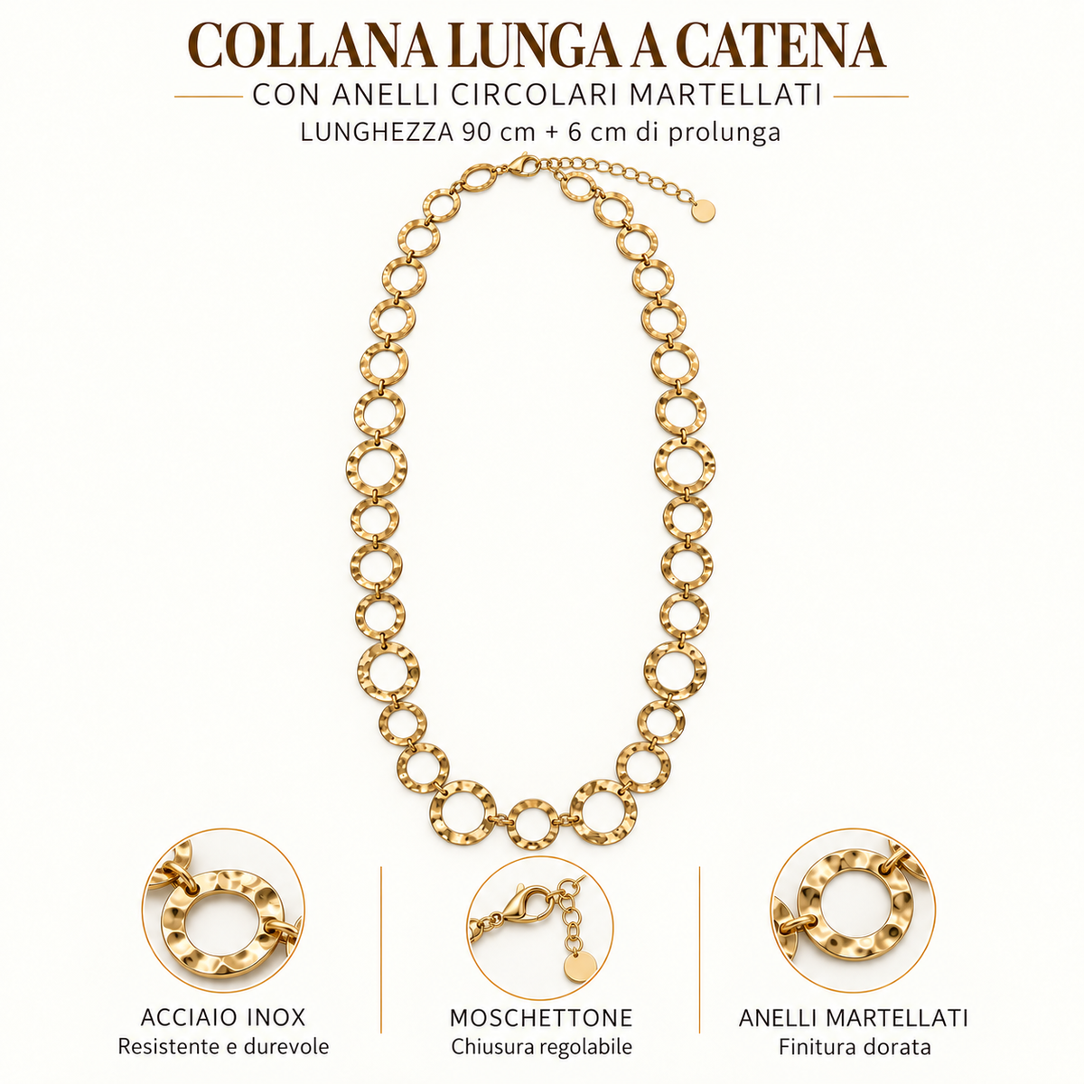 Collana lunga in acciaio inox a catena con anelli circolari martellati