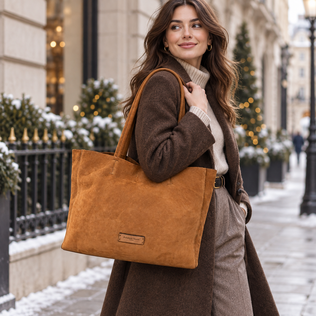 Shopper in vera pelle nabuk con pochette in cavallino Campiello Pelletteria Veneta