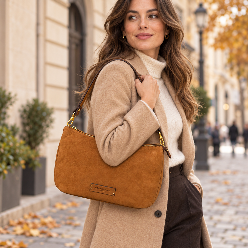 Borsa a spalla in vera pelle nabuk Campiello Pelletteria Veneta