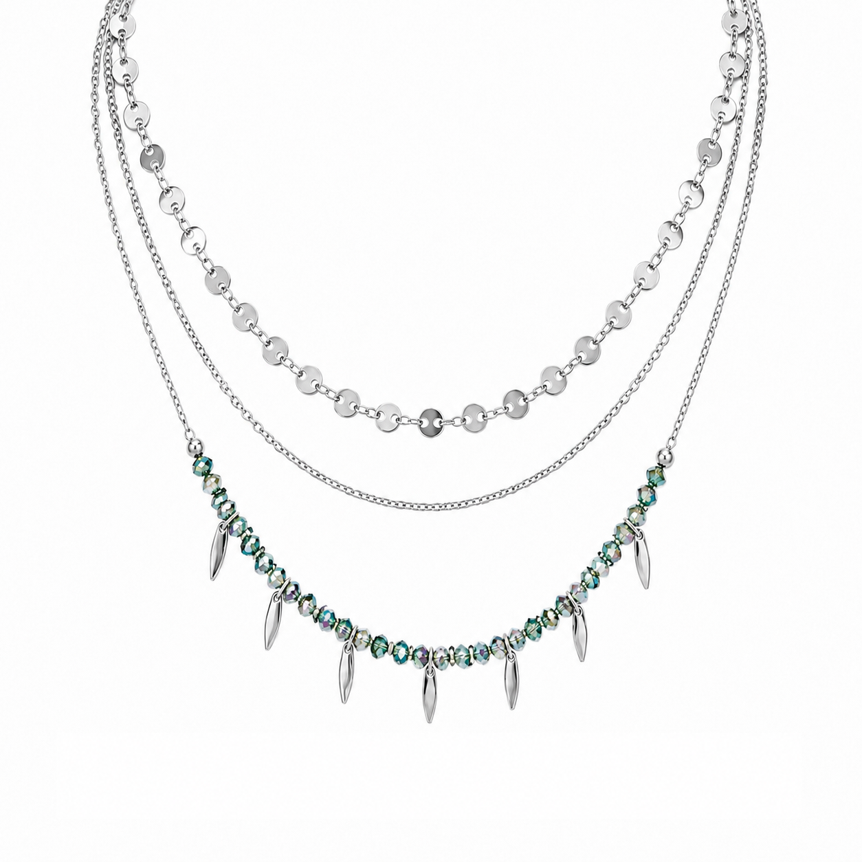 Collana Triplo Filo Cristalli Verde Acqua e Piume Layers - Brand Gioielli