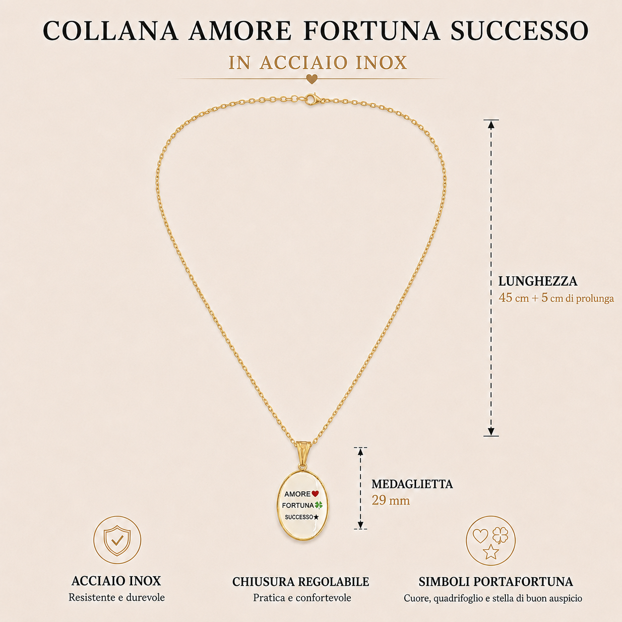 Collana in acciaio inox "Amore, fortuna,successo"