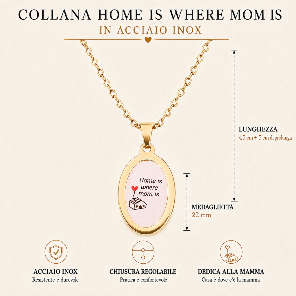 Collana in acciaio inox "Home is where mom is"