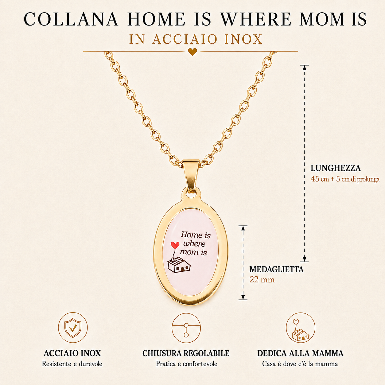 Collana in acciaio inox "Home is where mom is"