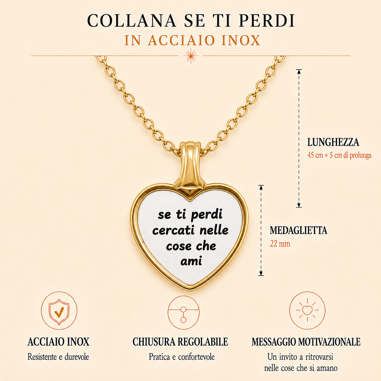 Collana in acciaio inox "Se ti perdi cercati nelle cose che ami"