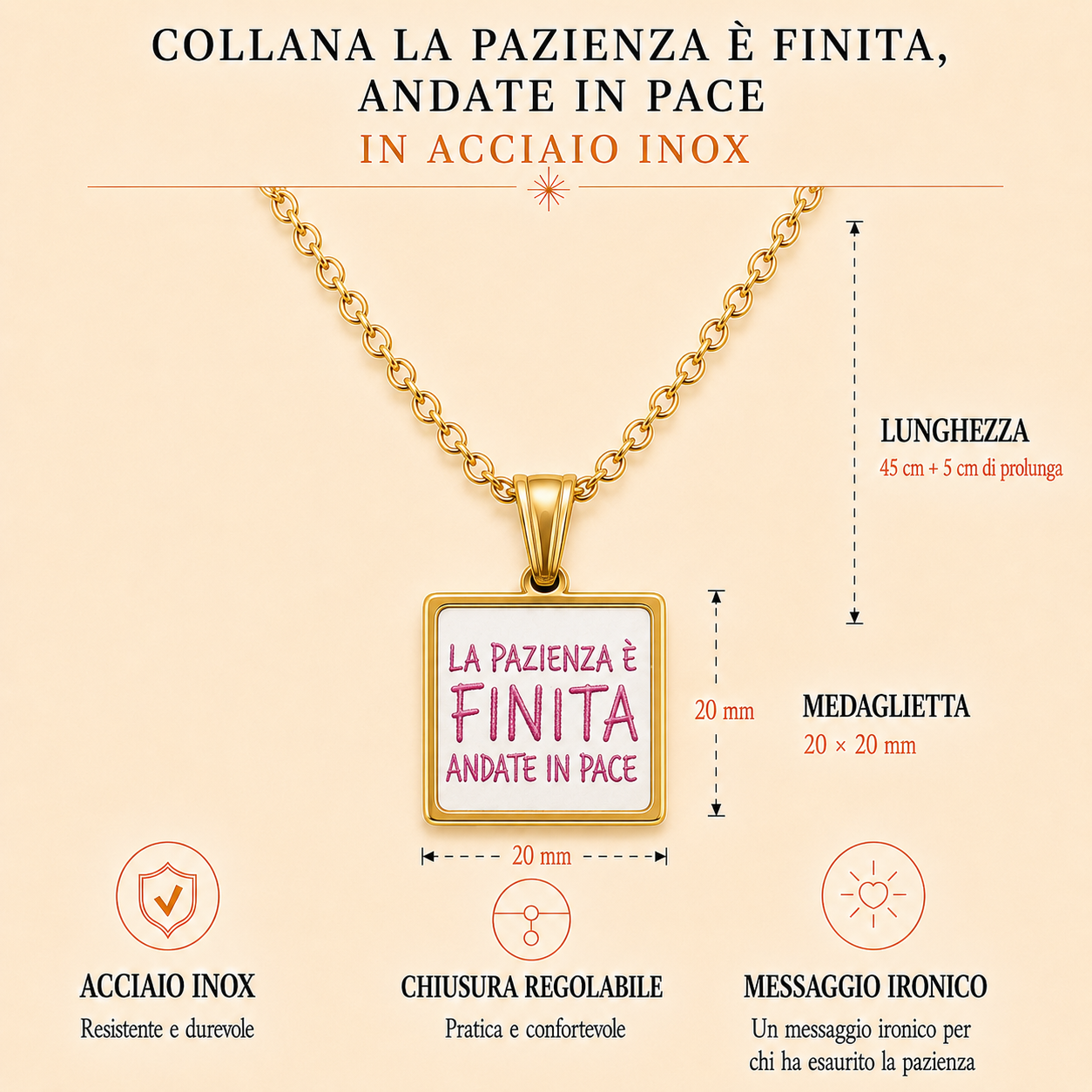 Collana in acciaio inox "La pazienza è finita andate in pace"