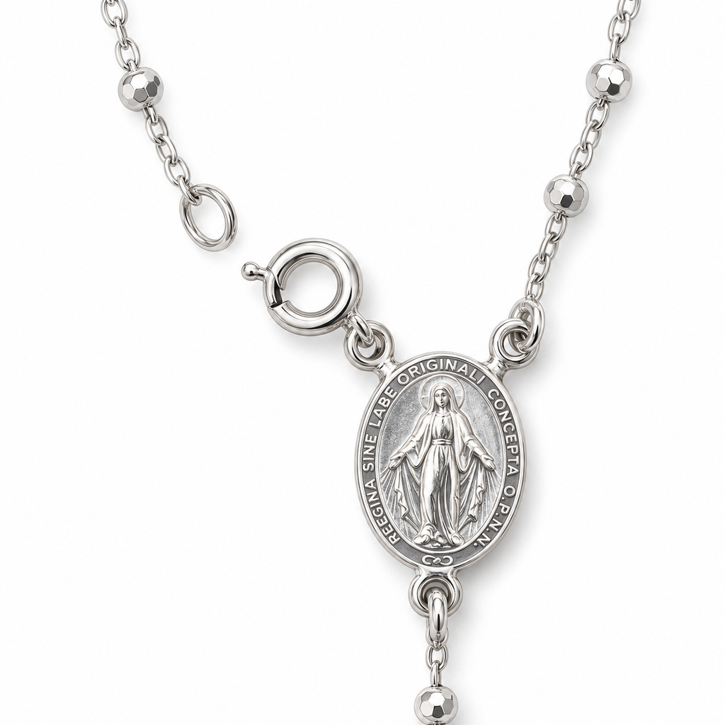Collana Rosario con Crocifisso pendente e Sfere da 2mm in Argento 925 rodiato
