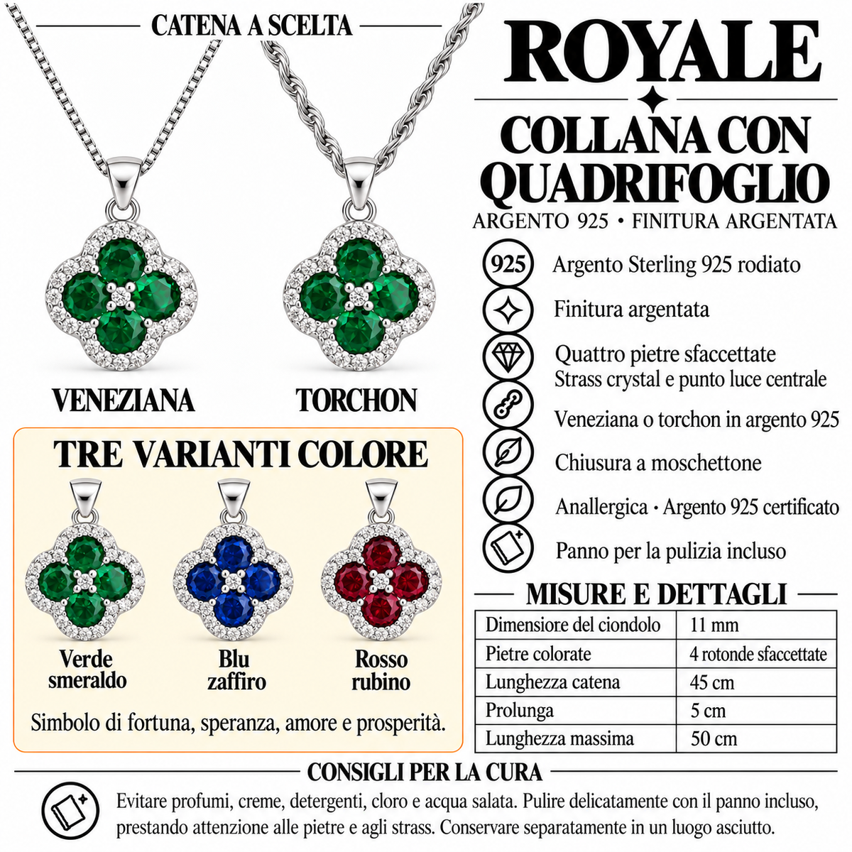 Collana Royale Quadrifoglio in Argento 925 Rodiato