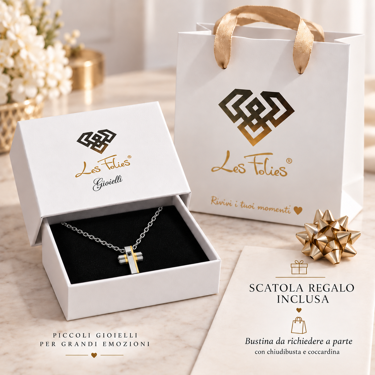 Collana Uomo con croce oro e strass in acciaio inox satinato