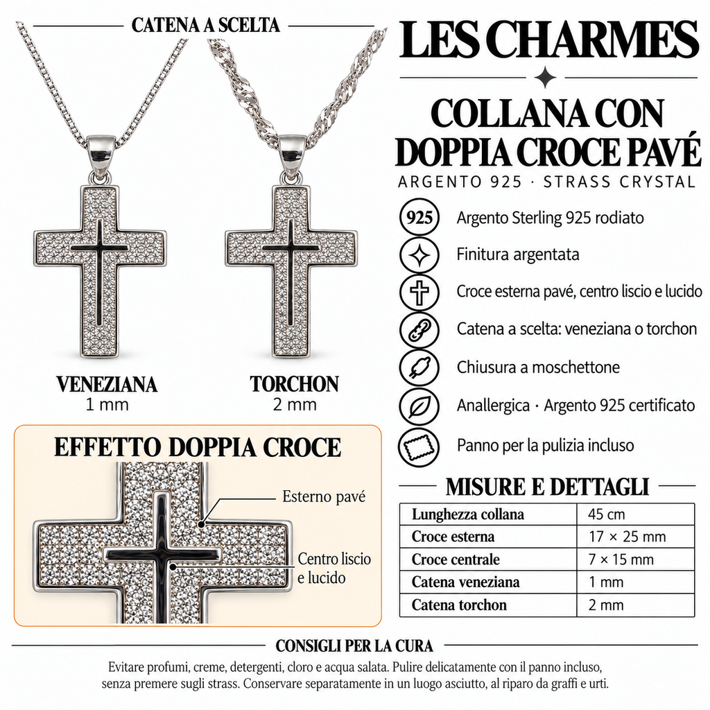 Collana Croce doppia di strass in Argento 925