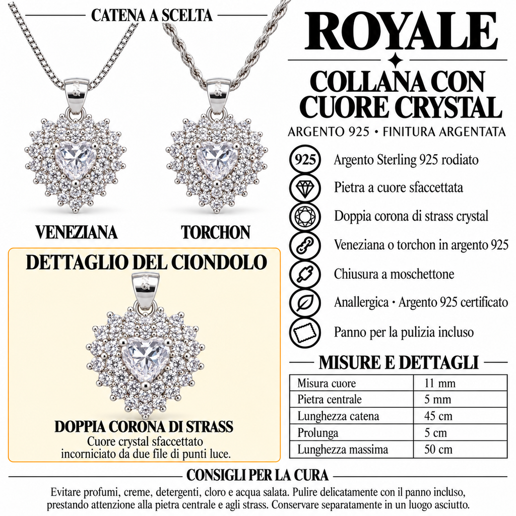 Collana Royal Cuore con doppia corona in Argento 925 Rodiato