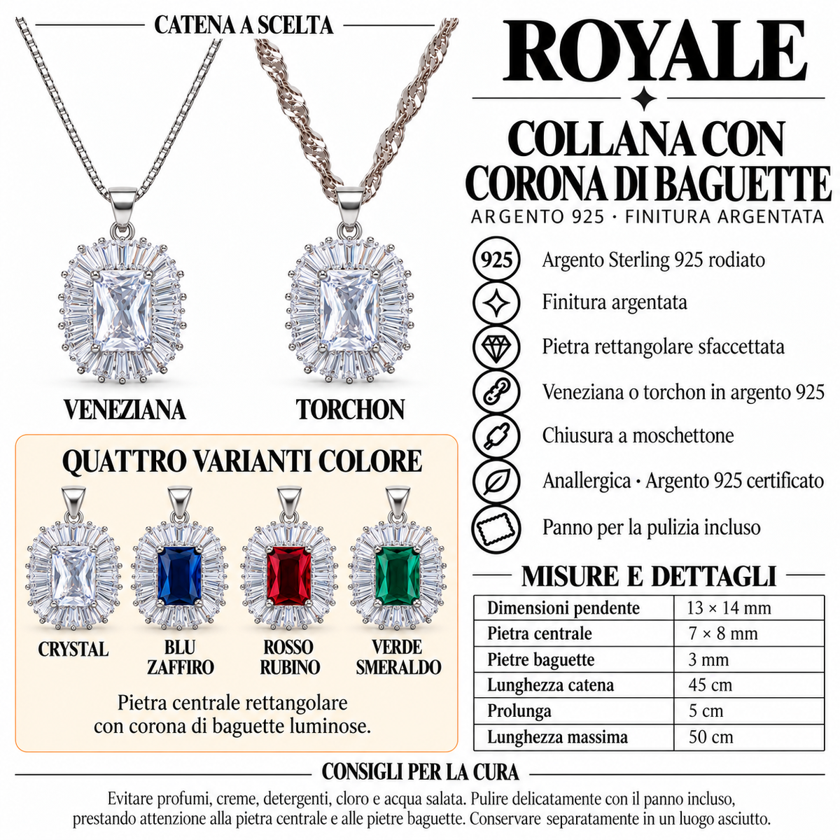 Collana Royale Rettangolare con Corona di Zirconi Baguette in Argento 925 Rodiato