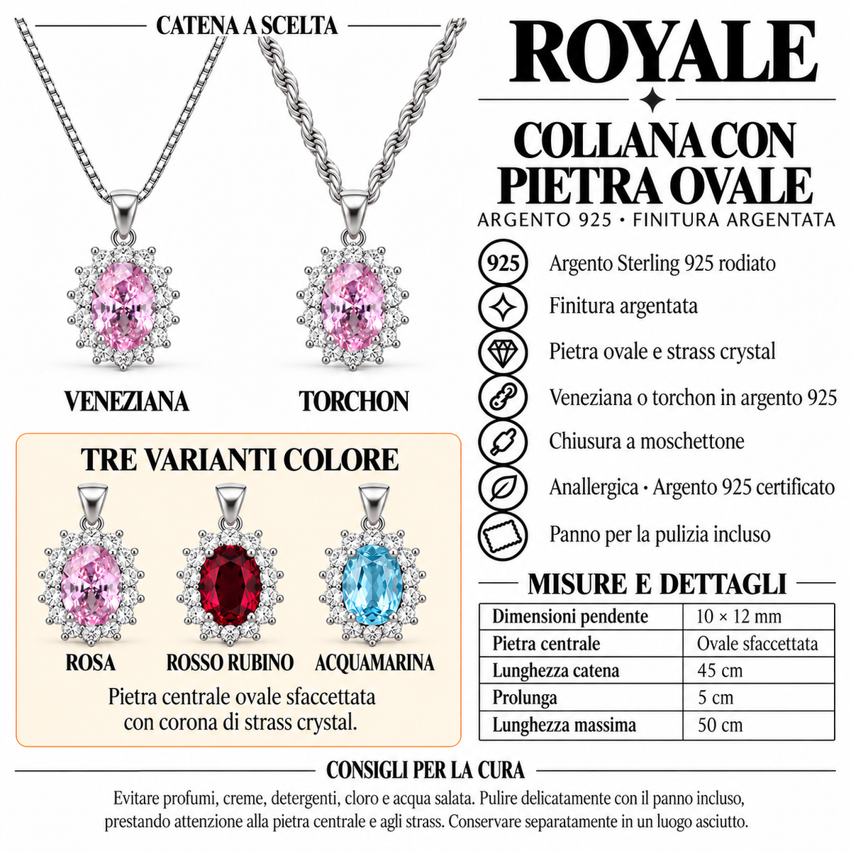 Collana Royale Ovale 10x12 mm in Argento 925 Rodiato