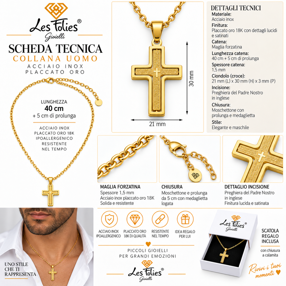 Collana da uomo con croce grande oro con preghiera Padre Nostro in acciaio inox