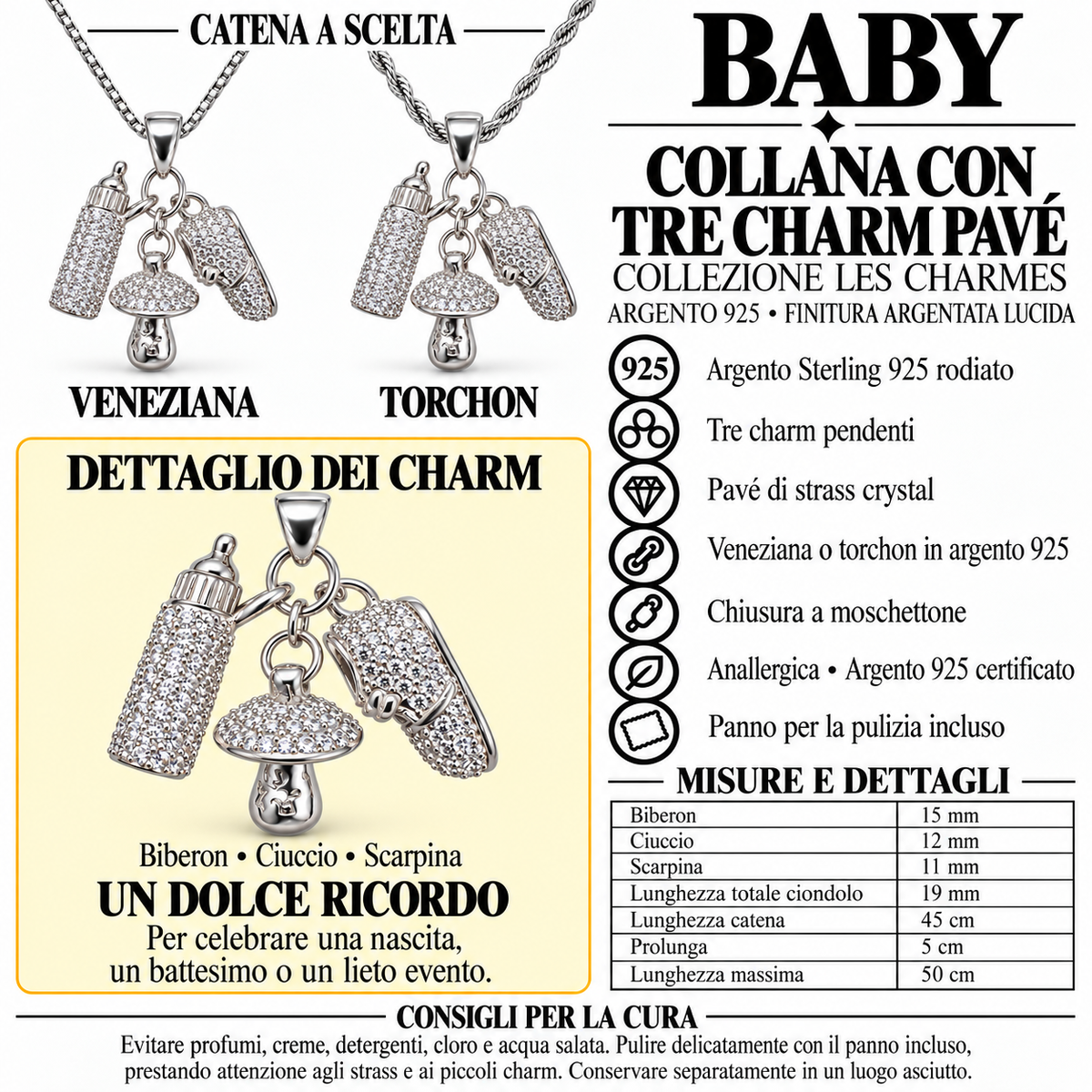 Collana con Tris Charm Baby con strass in Argento 925