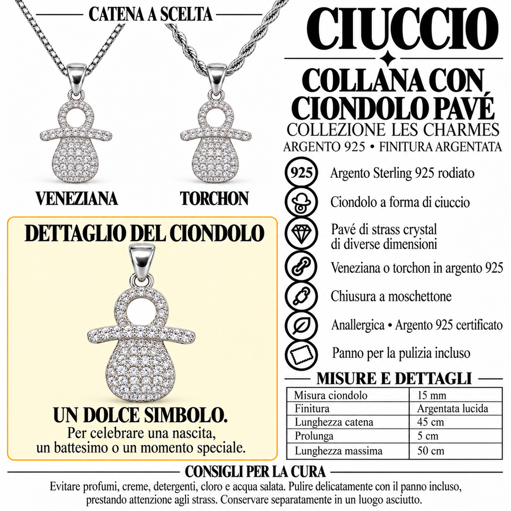 Collana con Ciondolo Ciuccio con strass in Argento 925