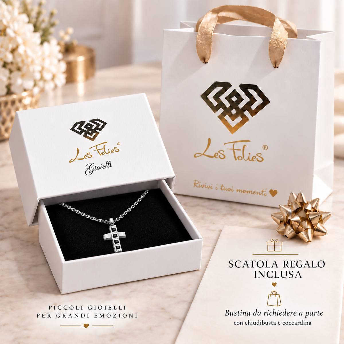 Collana Uomo con croce a 4 zirconi neri quadrati in acciaio inox