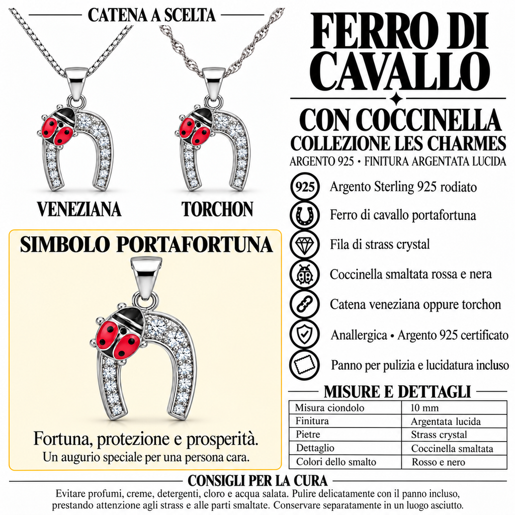 Collana con Ciondolo Ferro di Cavallo e Coccinella in Argento 925