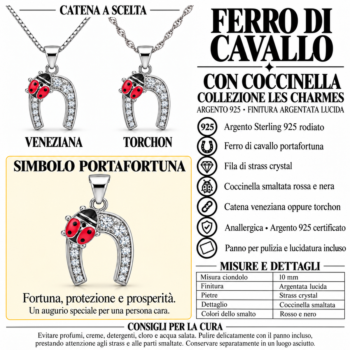 Collana con Ciondolo Ferro di Cavallo e Coccinella in Argento 925