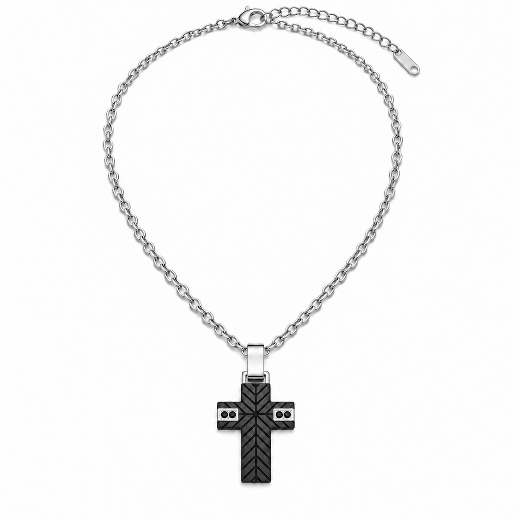 Collana Uomo con croce imbrunita e 4 zirconi neri in acciaio inox