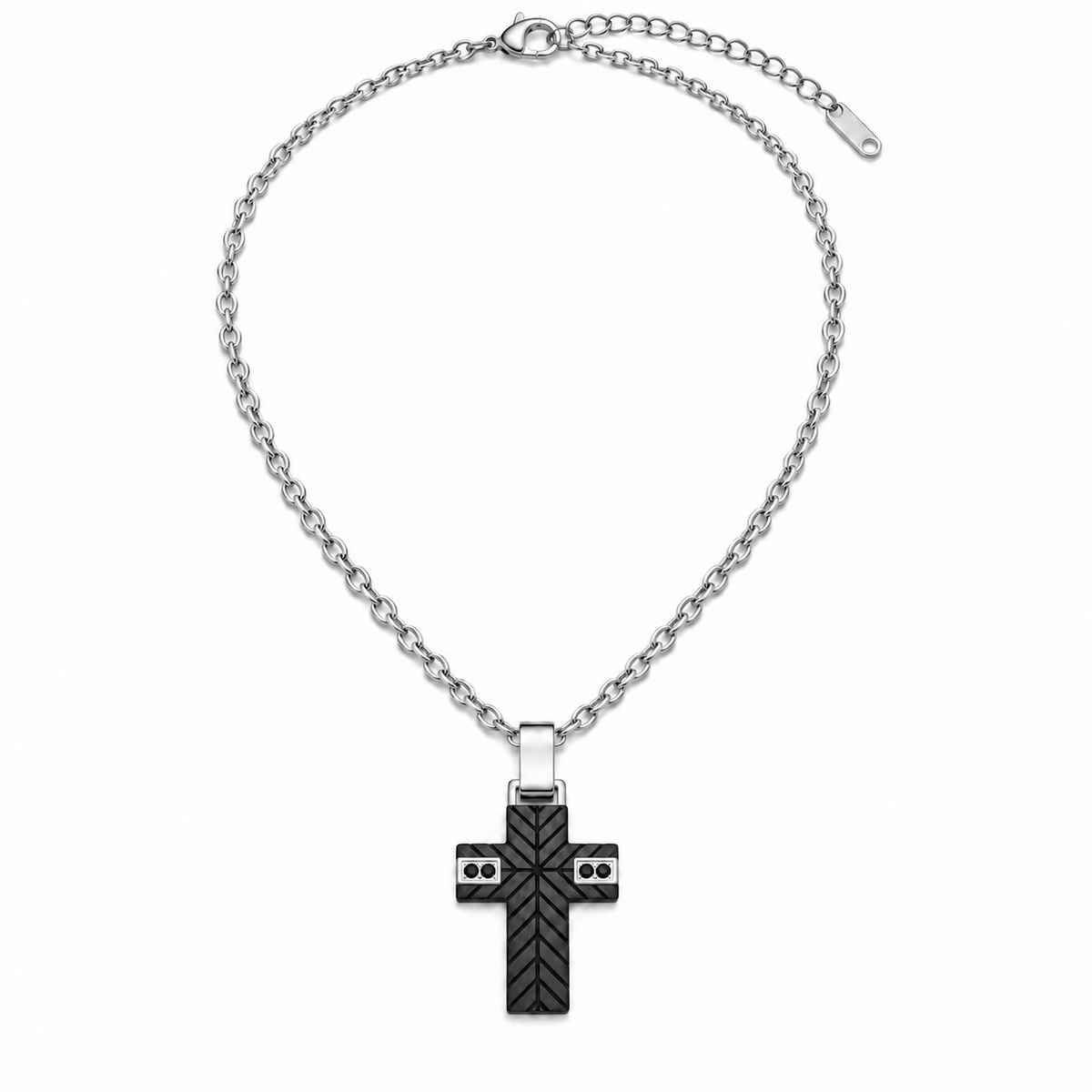 Collana Uomo con croce imbrunita e 4 zirconi neri in acciaio inox