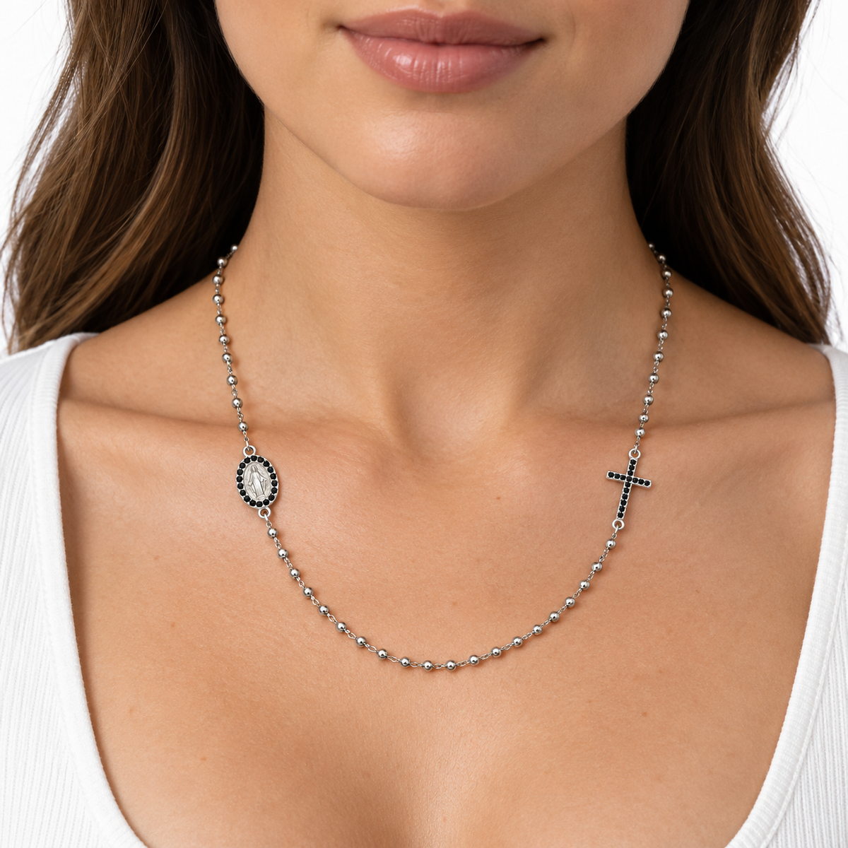 Collana Rosario con Figure con strass in Argento 925 rodiato