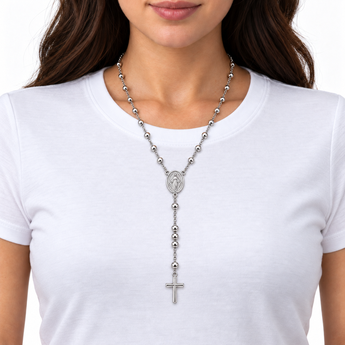 Collana Rosario con Crocifisso pendente e Sfere da 5mm in Argento 925 rodiato