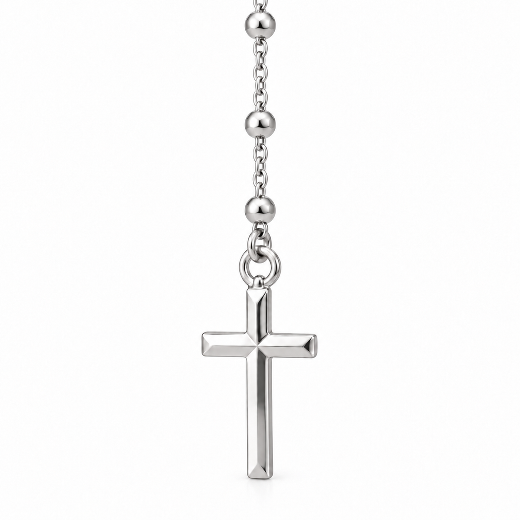 Collana Rosario con Crocifisso pendente e Sfere da 1,5mm in Argento 925 rodiato