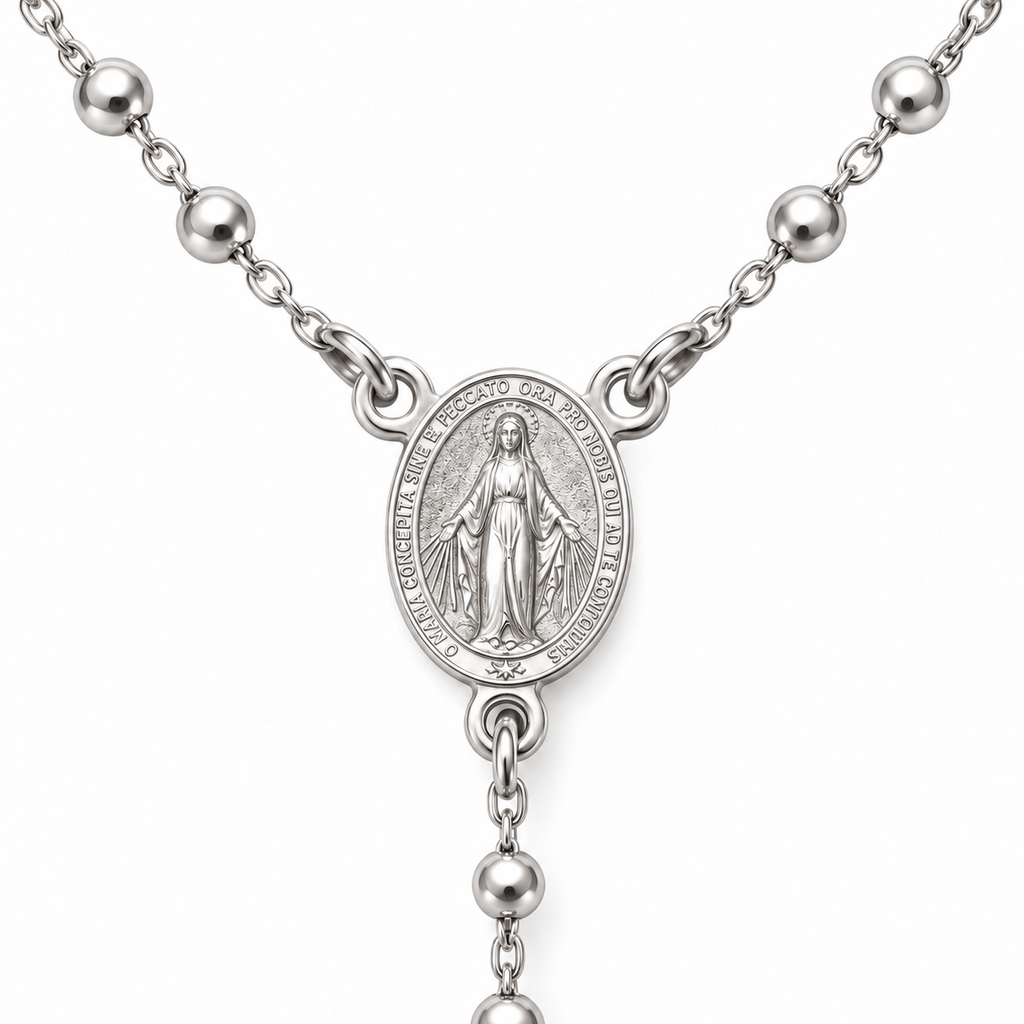 Collana Rosario con Crocifisso pendente e Sfere da 1,5mm in Argento 925 rodiato