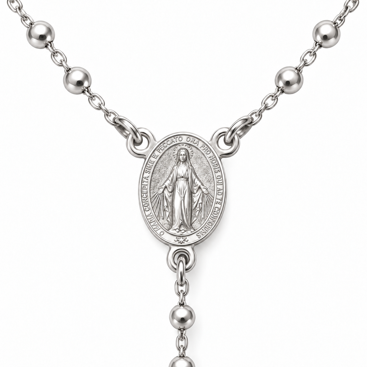 Collana Rosario con Crocifisso pendente e Sfere da 1,5mm in Argento 925 rodiato