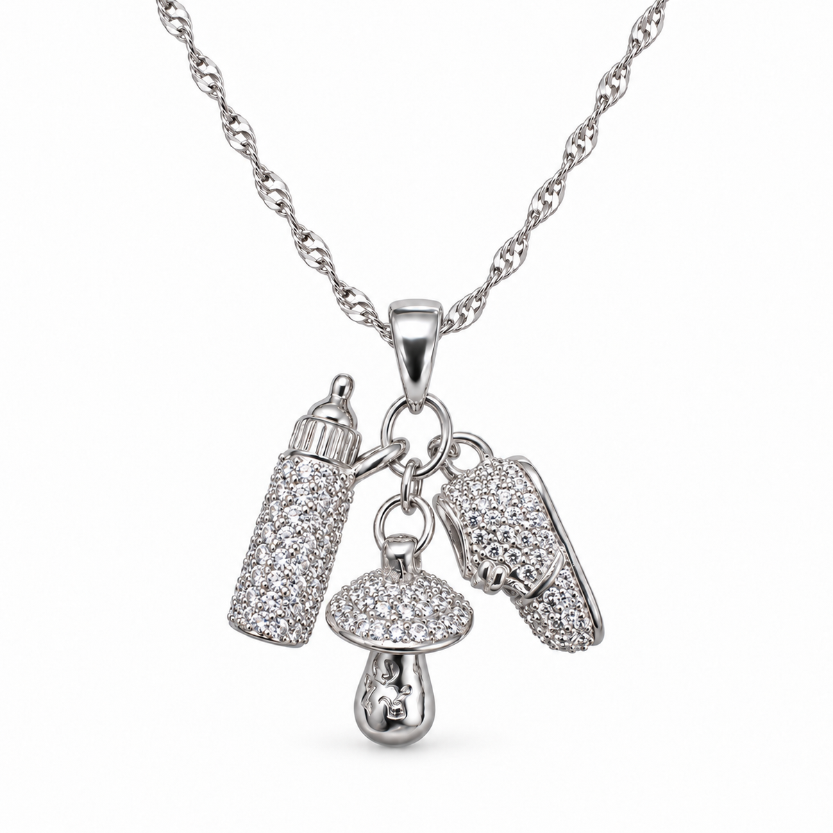 Ketting met drietal Baby-charms met strass in 925 zilver