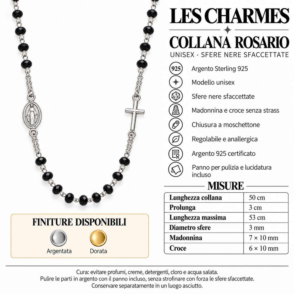 Collana Rosario Sfere sfaccettate in Argento 925 rodiato