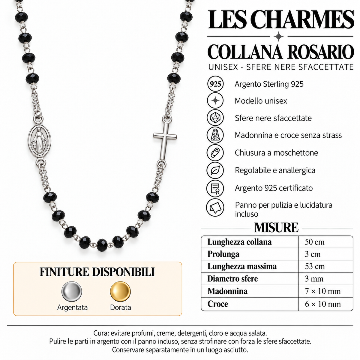 Collana Rosario Sfere sfaccettate in Argento 925 rodiato
