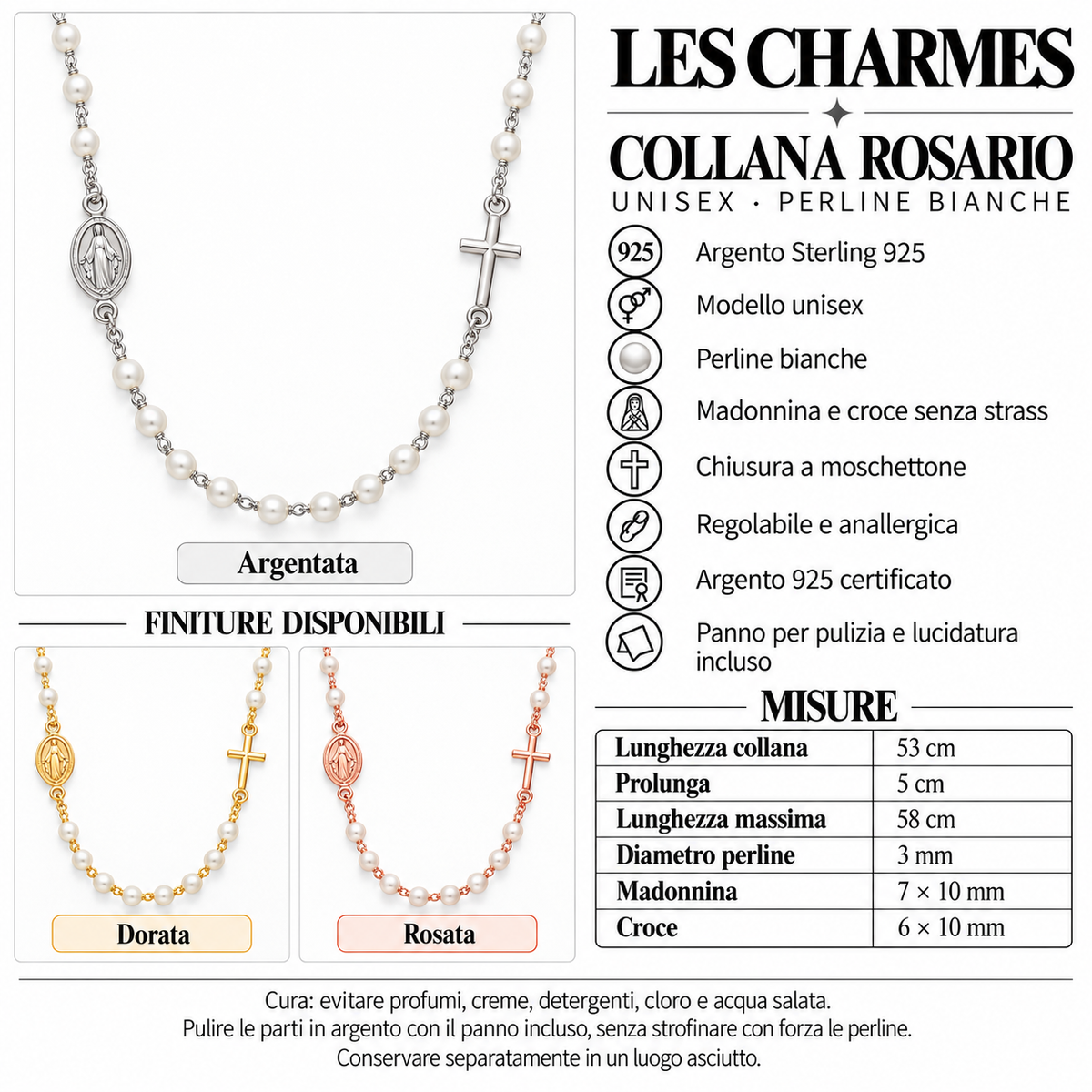 Collana Rosario Sfere di Perla da 3mm in Argento 925 rodiato