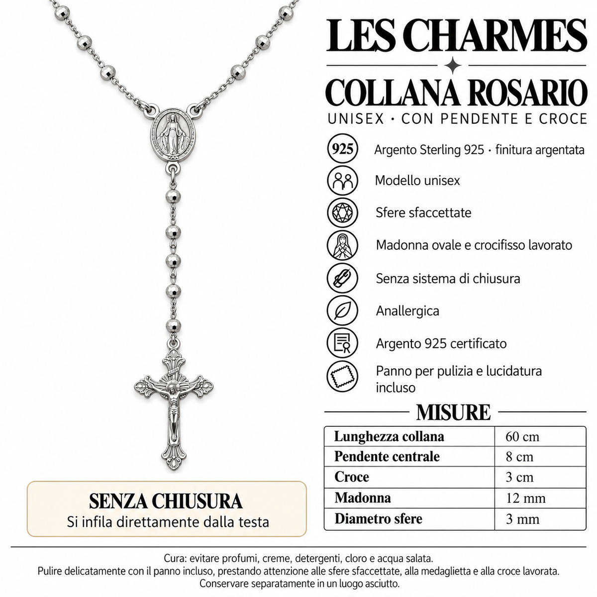 Collana Rosario con Crocifisso pendente e Sfere da 3mm in Argento 925 rodiato