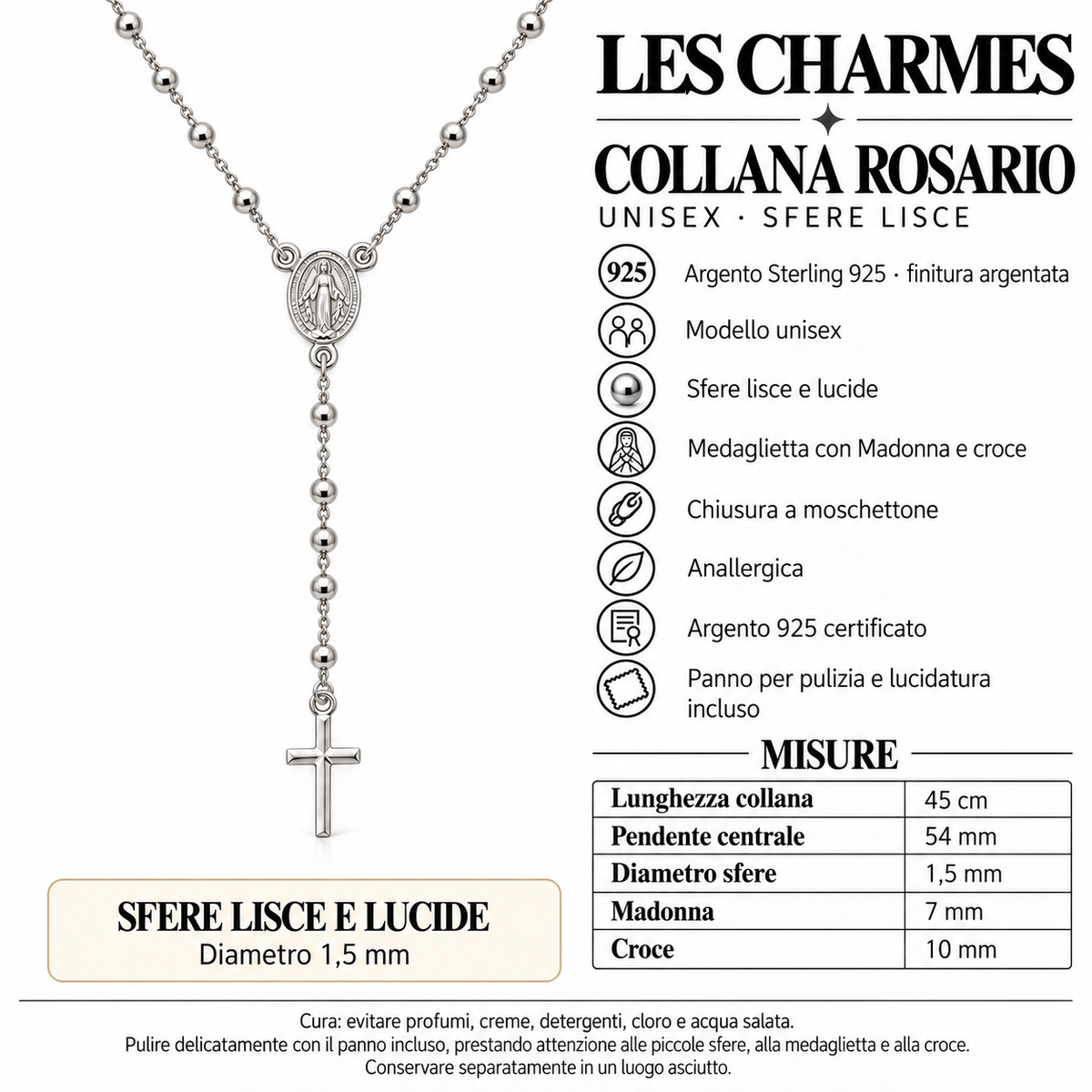 Collana Rosario con Crocifisso pendente e Sfere da 1,5mm in Argento 925 rodiato