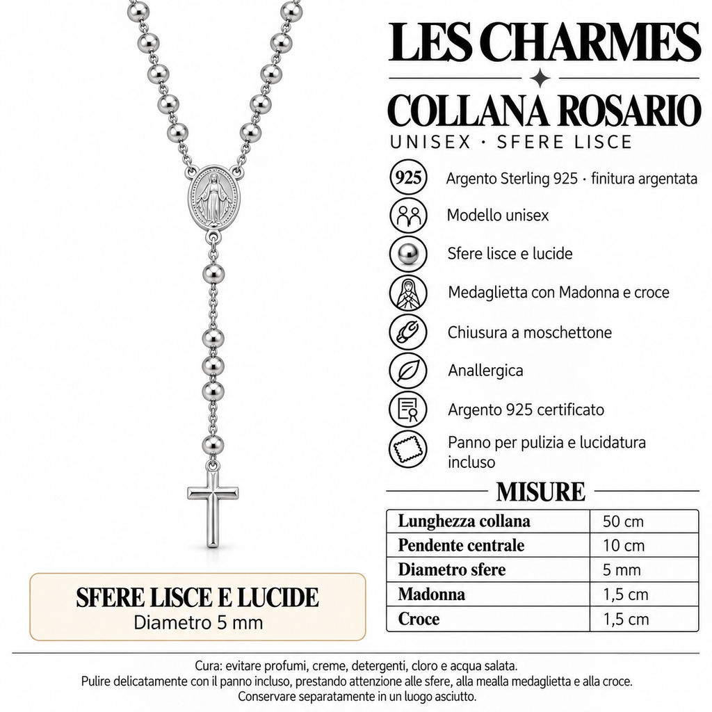 Collana Rosario con Crocifisso pendente e Sfere da 5mm in Argento 925 rodiato