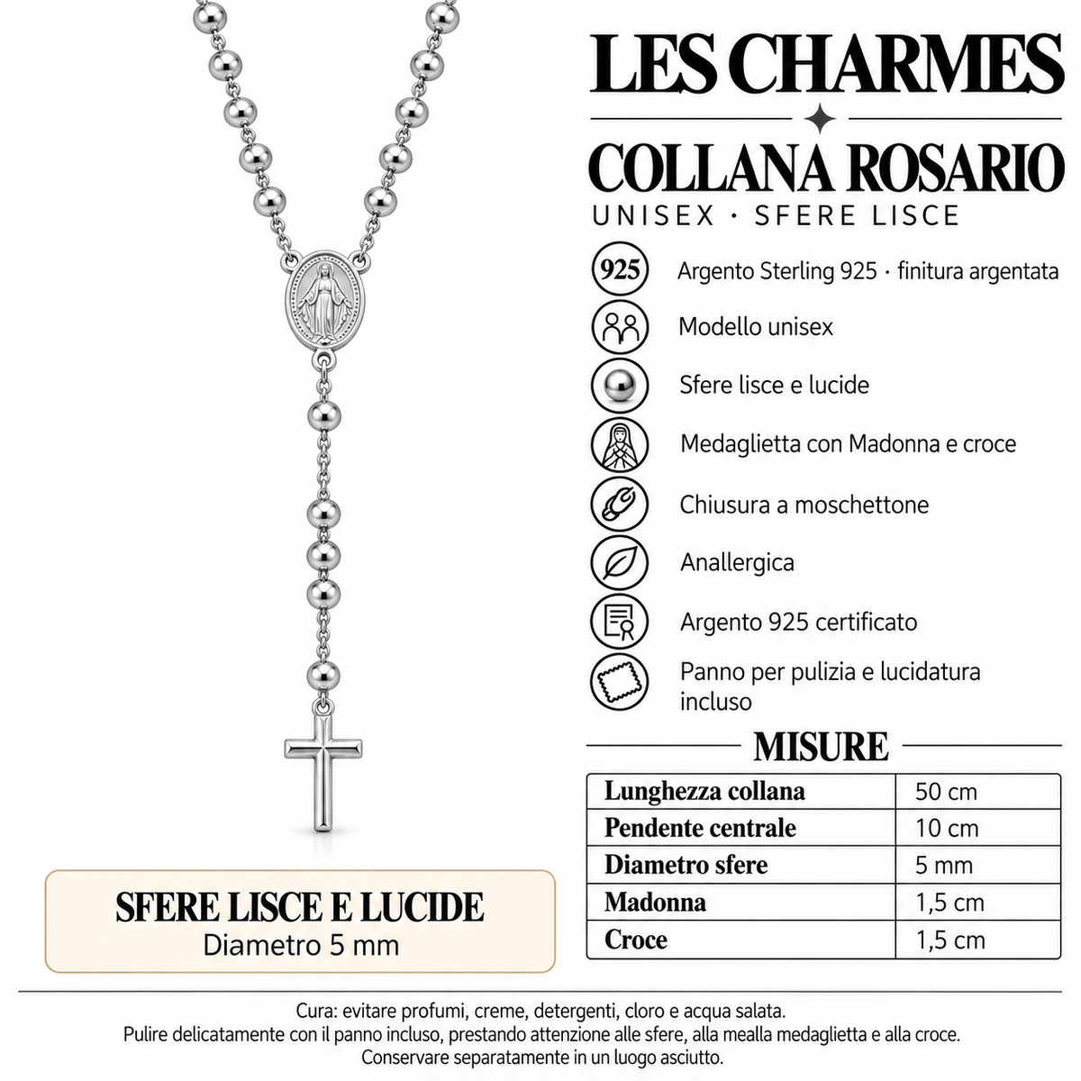 Collana Rosario con Crocifisso pendente e Sfere da 5mm in Argento 925 rodiato